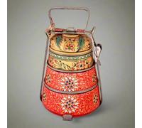 Crafting Love Hand-Painted 3-Tier Stainless Steel Lunch Box - Golden red Floral Design Eco-Friendly Tiffin Box