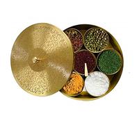 CRAFTING WITH LOVE A Brass Masala Box Dabba| Golden Spice Container with Embossed Lid 7 Compartments and 1 Spoon