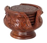 Craftland Wooden Handmade carved Set of 6 with Decorative Holder Tabletop Coasters for Tea Coffee Cups Mugs Beer Cans Bar Glass Indian Handicrafts
