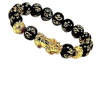 Craftopia Overseas Premium Feng Shui Black Obsidian Pixiu|Om mani Bracelet Wealth Good Luck Dragon with Gold Plated Pi Xiu/Pi Yao Attract Luck and Wealth 10mm beads size, Medium, no gemstone