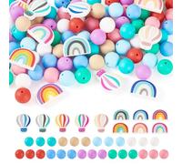 Craftora 101 Pcs Rainbow Color Silicone Beads Rainbow Hot Air Balloon Round Silicone Focal Beads Rubber Spacer Bead for DIY Pens Keychain Jewelry Making