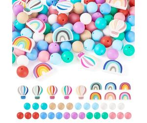 Craftora 101 Pcs Rainbow Color Silicone Beads Rainbow Hot Air Balloon Round Silicone Focal Beads Rubber Spacer Bead for DIY Pens Keychain Jewelry Making