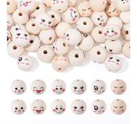 Craftora 48Pcs Smile Face Wood Beads 19/20mm Wooden Round Beads Large Hole Printed Wood Loose Space Ball Bead for DIY Crafts Hanging Decorations Jewelry Making