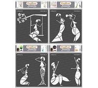 CrafTreat African Tribal Stencils for Crafts Reusable Vintage - Sitting on a Swing, Dancing, Enjoying Music and Holding Clock (4Pcs)- Size:6X6 Inches- Tribal Pattern Stencil for Furniture Painting