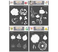 CrafTreat Reusable Flower Stencils for Painting on Wood, Canvas, Paper, Fabric, Floor, Wall and Tile - Rose, Poppy, Sunflower and Leaves - 4 Pcs - 6x6 Inch Each - DIY Art and Craft Stencils