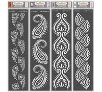 CrafTreat Reusable Paisley Stencils for Painting on Wood, Paper, Floor and Wall - Peacock Feathers Border, Paisley Border, Border VII and Border VIII - 4 Pcs - 3x12 Inches Each - DIY Craft Stencils