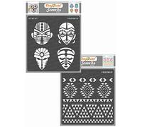 CrafTreat Reusable Tribal Stencils for Painting on Wood, Wall, Tile, Canvas, Paper, Fabric and Floor - Congo Face and Aztec Borders - 2 Pcs - 6x6 Inch Each - DIY Art and Craft Stencils