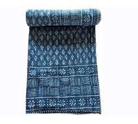 crafts creation Blue Indigo Queen Size Kantha Quilt Vintage Handmade Indigo Print Kantha Bedspread