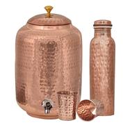 CRAFTS STUDIO Copper Water Dispenser 8L / 2.11 Gallon and 2 Glass with Water Bottle Set,Hand Hammered,Ayurvedic Hydration Drinking Solution