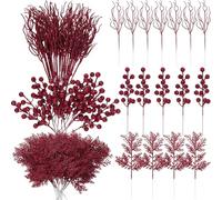 Craftsatin 75 Pcs Christmas Glitter Branches 3 Styles Artificial Christmas Picks Berries Stems Pine Needles Floral Twig Spray for Xmas Tree Ornaments DIY Wreath Garland (Burgundy)