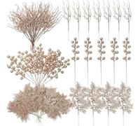 Craftsatin 75 Pcs Christmas Glitter Branches 3 Styles Artificial Christmas Picks Berries Stems Pine Needles Floral Twig Spray for Xmas Tree Ornaments DIY Wreath Garland(Champagne Gold)