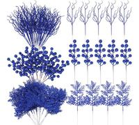 Craftsatin 75 Pcs Christmas Glitter Branches 3 Styles Artificial Christmas Picks Berries Stems Pine Needles Floral Twig Spray for Xmas Tree Ornaments DIY Wreath Garland(Blue)