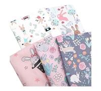 CraftsFabrics 5Pcs/Set Animal Cartoon Series Printed Bunny Rabbit Rose Tulip Floral Twill Easter Quilting Cotton Fabric for DIY Sewing Quilting
