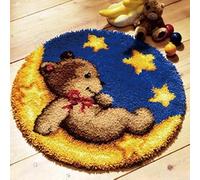 CraftsFabrics Moon Sleeping Bear Rug 60% Cotton 40% Polyester DIY Crafts Yarn Carpet Round Shape Animal Custom Latch Hook Rug Crochet Kits for Beginners Adults