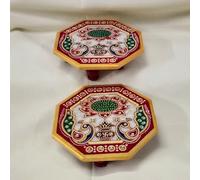 craftslook Handicraft Marble Pooja Chowki Pair with Hand Painted Designs Embellished Kundans On Marble Chowki Platform Ethnic Kalash Chaurang Chowki for God Idols Kalash (Color 3)