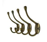 CRAFTSMAN ROAD Vintage Cast Iron Wall Hooks Rustic Country Style Coat Hooks | Coats Bags Towels Hats Classic Slim Antique Brass Finish Set of 4