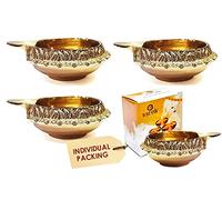 Craftsman SATVIK 4 pc Kuber Diya for Diwali Decor Handmade Oil Lamp with Golden Engraved Made of Virgin Brass Metal Diwali Diya Vilakku for Pooja Traditional Indian Deepawali Return Gift Items Bulk