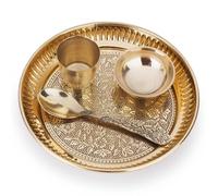 Craftsofindia®Brass Bhog Thali Set for Kanha Thakur Ji - 4-Piece Set (Plate, Katori, Glass, Spoon) with Engraved Floral Design - Perfect for Bhog Offering and Puja Rituals