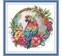 Craftstitch 11CT Stamped Cross Stitch Kits for Adults,Pre-Printed Pattern Easy Embroidery Kits for Beginner,DMC Threads Needlework-Parrot on a Garland 35cm×35cm