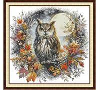 Craftstitch 11CT Stamped Cross Stitch Kits for Adults,Pre-Printed Pattern Easy Embroidery Kits for Beginner,DMC Threads Needlework-Autumn Night Owl 56cm×54cm
