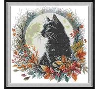 Craftstitch 11CT Stamped Cross Stitch Kits for Adults,Pre-Printed Pattern Easy Embroidery Kits for Beginner,DMC Threads Needlework-Autumn Night Black Cat 45cm×44cm
