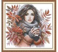 Craftstitch 11CT Stamped Cross Stitch Kits for Adults,Pre-Printed Pattern Easy Embroidery Kits for Beginner,DMC Threads Needlework-Autumn Coffee 52cm×49cm