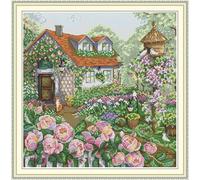 Craftstitch 11CT Stamped Cross Stitch Kits for Adults,Pre-Printed Pattern Easy Embroidery Kits for Beginner,DMC Threads Needlework-The Rose Cottage 48cm×48cm