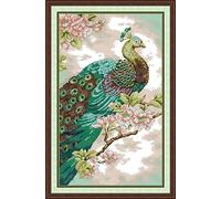 Craftstitch 11CT Stamped Cross Stitch Kits for Adults,Pre-Printed Pattern Easy Embroidery Kits for Beginner,DMC Threads Needlework-Green Peacock 38cm×59cm
