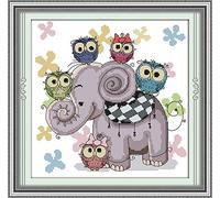 Craftstitch 11CT Stamped Cross Stitch Kits for Adults,Pre-Printed Pattern Easy Embroidery Kits for Beginner,DMC Threads Needlework-Elephant and Owl 39cm×39cm