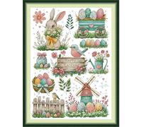 Craftstitch 11CT Stamped Cross Stitch Kits for Adults,Pre-Printed Pattern Easy Embroidery Kits for Beginner,DMC Threads Needlework-Bunny with Easter Eggs 52cm×67cm