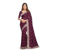 CRAFTSTRIBE Women's Vichitra Blooming Wine Color Heavy Zari Embroidery Work Saree With Unstitched Blouse