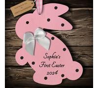 Crafty and Personal Multi-Colour Personalised Baby's 1st First Easter Bunny Rabbit Wooden Hanging Gift Plaque (Pink #2)