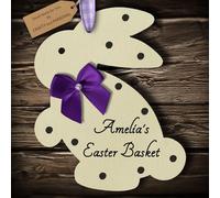Crafty and Personal Multi-Colour Personalised Easter Basket Tag Bunny Rabbit Wooden Hanging Gift Plaque (Ivory #4)