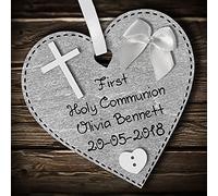 Crafty and Personal Personalised First Holy Communion gift plaque boy girl daughter son present wooden heart hanging keepsake (Silver #1)