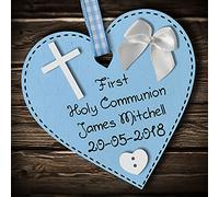 Crafty and Personal Personalised First Holy Communion gift plaque boy girl daughter son present wooden heart hanging keepsake (Blue #1)