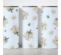 CraftyGstudio Daisy and Bumblebee Insulated Cup, Floral Tumbler with Botanical Print, Light Blue