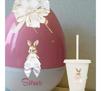 CraftyGstudio Jumbo Fillable Egg with Matching Cup, 14-Inch Gift Set with Personalized Flopsy, Available in White, Pink, Lilac, Yellow, or Blue
