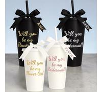 CraftyGstudio Personalised Bridesmaid Proposal Cup, 24oz, Black and White with Gold Writing, Ribbon, Straw Included