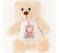 CraftyGstudio Personalised Polar Express Plush Bear with Train Design, Cream Teddy Bear with Custom Name