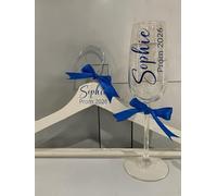 CraftyGstudio Personalised Prom Gift Set, White Hanger and Champagne Flute with Custom Ribbon and Colour Text
