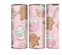 CraftyGstudio Skinny Insulated Cup 16oz Gingerbread Christmas Design | Double-Walled, Festive Pink Print