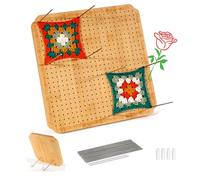 CraftyManor 12.5 in Crochet Blocking Board and Pins, Wooden Blocking Board for Crochet and Knitting Projects,Granny Square Blocking Board with 20 Stainless Steel Pegs, Bamboo Crochet Accessories