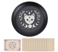 CRAFTYMELODY 1 Set Altar Ritual Plate Bowl Stainless Steel Cat Phase Moon Ritual Plate Flat Round Black Metal Astrology Tarot Offering Plate with Tarot Card Ritual Offering Bowl for Witchcraft Wiccan