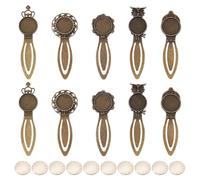 CRAFTYMELODY 10 Sets Vintage Bookmark Blanks Kit Antique Bronze Bookmark Tray Pendant Kit Include 10Pcs Blank Bezel Base Setting Charms with 10Pcs Iron Brooch Sieve Findings for School Office Craft