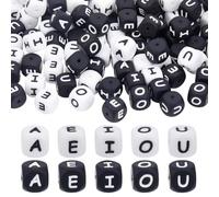 CRAFTYMELODY 100Pcs 10 Styles Cube Vowel Letter Beads 12mm Silicone Letter Beads Square Black White Alphebet Bead Cube Loose Spacer Bead for DIY Crafts Bracelet Necklace Jewelry Making Supplies