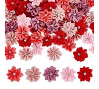CRAFTYMELODY 100Pcs Satin Ribbon Flowers 5 Colors Flower Polyester Ornament Accessories with Rhinestone Multicolor Small Flower Ribbon Appliques for DIY Crafts Wedding Party Home Decoration