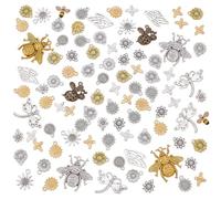 CRAFTYMELODY 108Pcs 17 Styles Bees Flower Charms, Sunflower Pendants Tibetan Alloy Metal Dangle Daisy Flower Pendants Cute Bee Jewelry for Necklace Earring Bracelet Jewelry Making