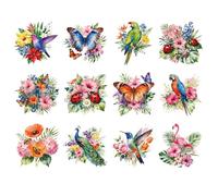 CRAFTYMELODY 12Pcs Vintage Bird Flower Iron on Transfer 12 Style Butterfly Bee Heat Transfer Vinyl Decal Sticker Ready to Press Applique for Clothes Bibs Hats Bags DIY Fabric Decor Craft