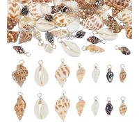 CRAFTYMELODY 140Pcs 14 Style Shell Pendant Spiral Seashells Charm Platinum Golden Shell Charms with Copper Wire Loops Summer Ocean Pendant Decor for Bracelet Necklace Jewelry Making Craft Supplies