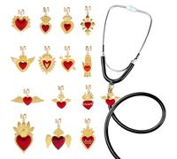 CRAFTYMELODY 14Pcs 14 Styles Stethoscope Charms for Nurse Heart Stethoscopes Charm Alloy Enamel Red Golden Heart Stethoscopes Charms Colorful Hearts Stethoscope ID Name Tag Gift for Pediatric Doctor